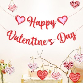 Happy Valentines Day Banner Red Glittery Paper Decorations Felt Garland Heart Photo Props for Home Party Decor