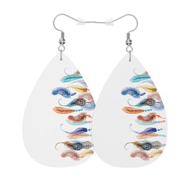 Vosach Beautiful Feathers Fashion Faux Leather Earrings Watercolor Boho Ethnic Bird Feathers Wedding Teardrop Earrings Jewelry For Women Friends Bridal
