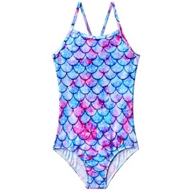 Girls Bathing Suit Size 7-8 Years Old Adorable One-Piece Swimsuits Blue Purple Mermiad Swim Suit with Sun Protection