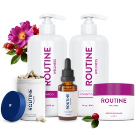 Routine Wellness Bundle - Shampoo and Conditioner Set for Thinning Hair, Hair Serum for Scalp Health, Hair Growth Supplement & Hair Mask - Rose Hips