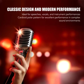 Classic Retro Dynamic Vocal Microphone - Old Vintage Style Metal Unidirectional Cardioid Mic, Universal Stand Adapter, for Live Performance, Studio Recording, Podcast