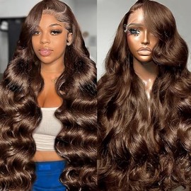 AUABEAUTY Chocolate Brown Lace Front Wig Human Hair 22 Inch 13x4 Body Wave Lace Front Wigs Human Hair Pre Plucked 250 Density HD Lace Frontal Wigs Brown Colored Wigs Human Hair for Women