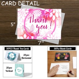 56 Bulk Thank You Cards, Assorted Thank You Cards with Envelopes, Matching Stickers and Storage Box - 5 x 7 Inch Blank Thank You Greeting Cards