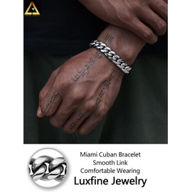 Luxfine Miami Cuban Link Bracelet 14K REAL Gold Plated Hypoallergenic Premium Stainless Steel Hip Hop Jewelry For Men Women 12mm (No Color Fade, Double-sided Iced Out Clasp) (White Gold, 8)