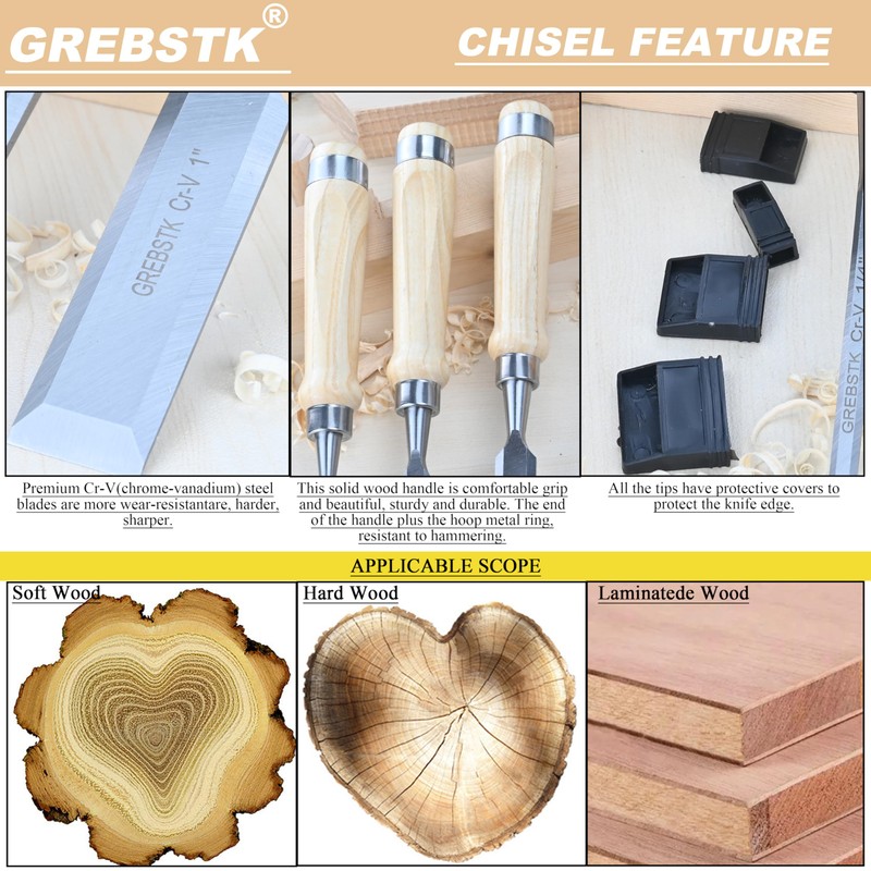 GREBSTK 11in Wood Chisel Set for Woodworking, 4pcs Chrome Vanadium