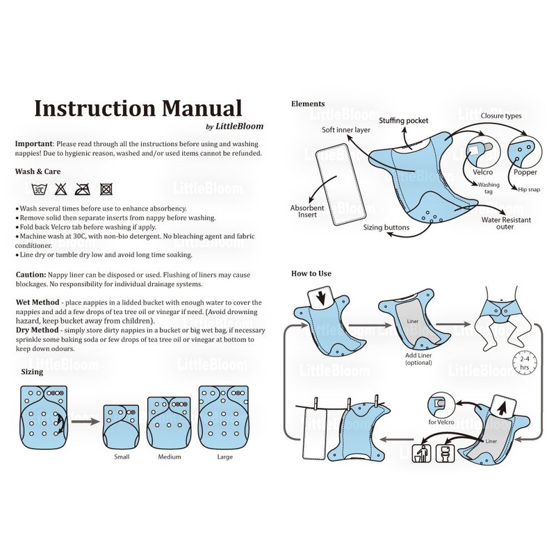 Littles & Bloomz, Reusable Pocket Cloth Nappy, Fastener: Popper, Set