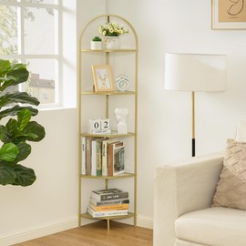 Homhedy 5-Tier Corner Shelf Stand, Metal Corner Bookshelf, Tempered Glass Shelves, Bathroom Storage Rack Shelf, Plant Stand, Modern Style, Golden