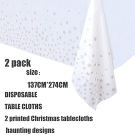 2Pcs 137*274cm White and Silver Disposable TableCloths Party Paper Plastic TableCloth,Silver Star Rectangular Waterproof Table Cover for Picnic,Baby Shower,Wedding,Christmas,Birthday Party Decor