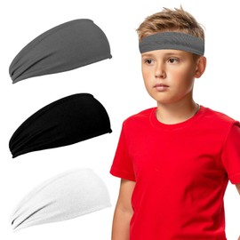 Kids Sweatbands, Breathable Sports Headbands, Elastic Sweat Headbands, Moisture Wicking Workout Headbands for Youth Boys Girls (White-Gray-Black)