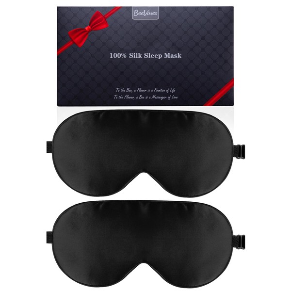 Silk Sleep Mask, 2 Pack Mulberry Silk Eye Mask with Adjustable Strap, Sleeping Aid Blindfold for Nap, BeeVines Eye Sleep Shade Cover, 100% Blocks Light Reduces Puffy Eyes Gifts for Christmas (Black)