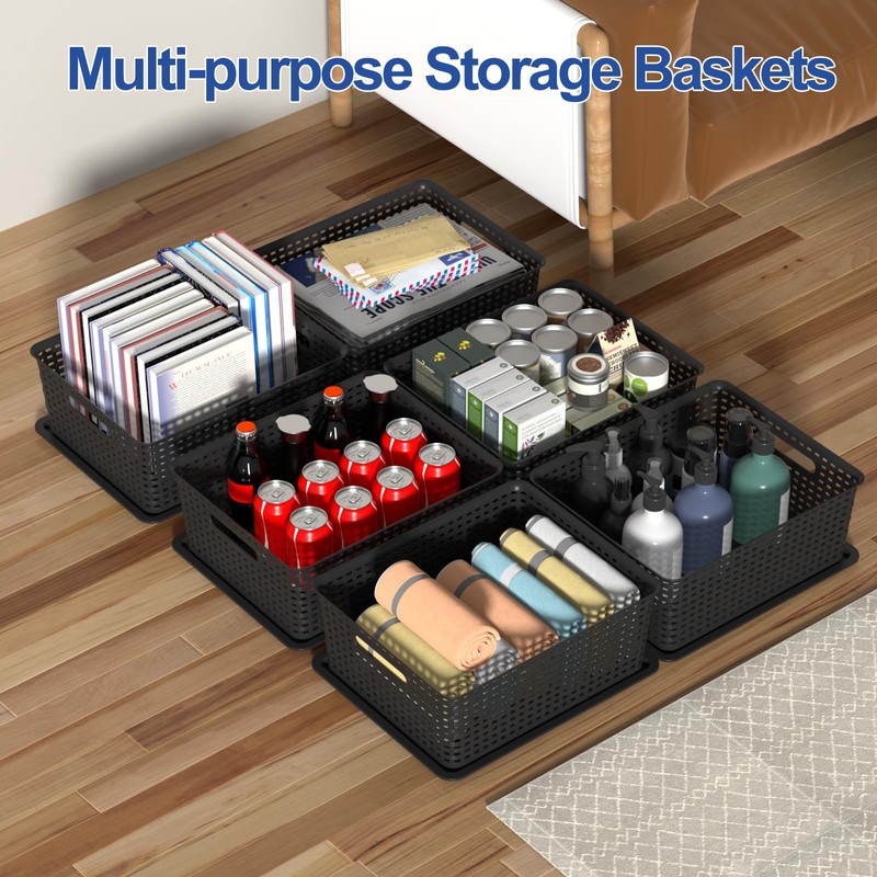 6-Pack Plastic Storage Baskets with Lid, Organizer Bins, Black