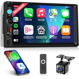 Upgraded Double Din Car Stereo with Wireless Carplay Android Auto, 7 Inch IPS Touch Screen Radio with Bluetooth 5.0, Mirror Link,FM, SWC, Dual USB Port+Type-C Charging +HD Backup Camera