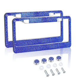Gioyonil 2 Pack License Plate Frames: Stainless Steel Handcrafted Sapphire Bling Rhinestone Car Plate Frame with 4pcs Crystal Screw Caps & 4pcs Washers