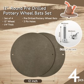 Funtery 4 Pcs 12" Diameter Round Pottery Wheel Bat Pottery Bats Pre Drilled Bats for Pottery Wheel 1/4 Thick Clay Throwing Bats with 8 Pcs Replacement Bat Pins for Ceramic Clay Art(Black, 12")