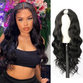 V Part Wig Body Wave Black Wigs Upgrade U Part Half Wigs for Black Women, 24inch Synthetic Glueless V Part Wig No Leave Out Clip in Extensions Thin Part Wig V Shape Wig Beginner Friendly(1B#)