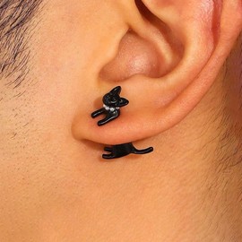 TseenYi Pearl Cat Stud Earrings Black Kitty Front Back Earrings Hip-Hop Cat Rear-hanging Stud Jewelry for Women and Girls Valentine's Day Christmas Daily Gift