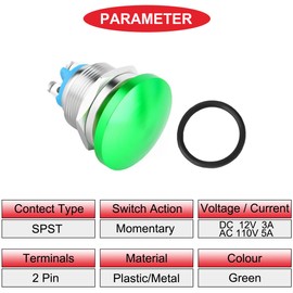MKBKLLJY Pack of 3 16 mm Green Metal Mushroom Head Push Button Switch Momentary Push Button Switch IP65 Waterproof 12V 24V 36V DC 110V 250V AC 5A SPST 1NO with Screw Terminals Wires for Car Boat