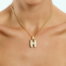 Angyape Bubble Letter Necklace for Women, 18K Gold Plated Bubble Letter Necklace CZ Initial Letter Pendant Necklace for Women Trendy Name Necklace Gold Jewelry Gifts for Women, Brass, Cubic Zirconia