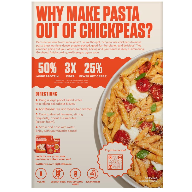 Banza Gluten-Free Chickpea Pasta, Penne 20g Protein | Lower Carb