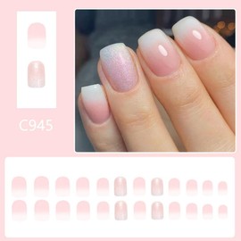 Light Pink Press on Nails Short Square Glue on Nails with White French Tips Design Glossy Glitter False Nails Full Cover Spring Fake Nails Reusable Summer Stick on Nails for Women Girls Manicure 24Pcs