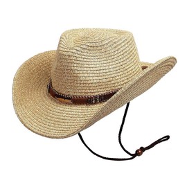 GEMVIE Women Summer Cowgirl Hat Men's Western Straw Cowboy Hat with Windproof Rope Beach Outdoor Straw Hat Beige