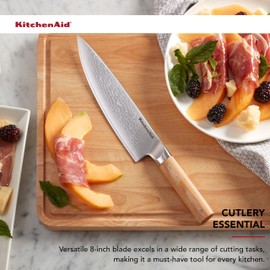 KitchenAid Premium 8-Inch Forged Chef Knife - AUS-10 Damascus Steel Blade, Triple Rivet Pakkawood Handle, Sharp Kitchen Knife, Natural