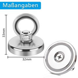 Magnets Strong Large Neodymium Magnets Extra Strong, D32 mm Super Strong Fishing Magnet with Hole and Screws, Magnetic Fishing for Home, Workshop, for Magnetic Fishing in Lakes, Lawn, Ocean, Pack of 2