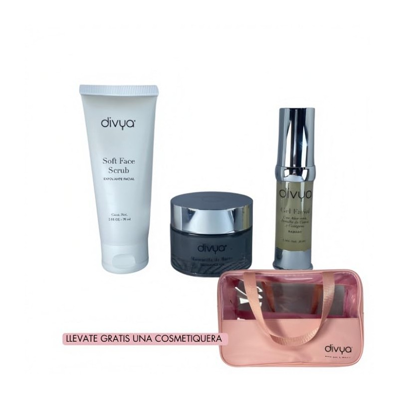 Divya Kit Rutina Cuidado Piel Exfoliante Limpiador Hidratante Cosmetiquera Regalo