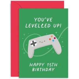Old English Co. Gamer Birthday Card for Him - 'Levelled Fun Boys 15th Birthday Cards - Fifteenth Birthday Card for Son, Grandson, Nephew, Godson | Blank Inside with Envelope