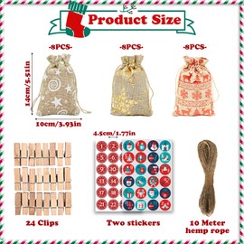24 Pcs Christmas Advent Calendar Bags Christmas Countdown Burlap Bags DIY Hanging Drawstring Advent Calendar Bags with Numbers Stickers, Clips, Rope, Christmas Fillable Advent Calendar Bags Kit (A)