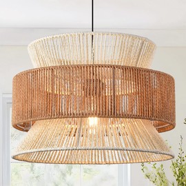 KAKINOTE 15.8" Boho Rattan Chandelier 1-Light Farmhouse Hand Woven Rope Pendant Light Modern Rustic Wicker Ceiling Light Fixture for Living Room Dining Room Bedroom Kitchen Island Hallway Foyer