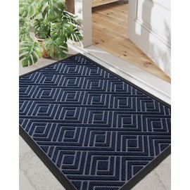 DEXI Door Mat Heavy Duty Outdoor Indoor Doormat, Stain and Fade Resistant, Non Slip Front Door Mats, Patio Entryway Floor Mat, 2'x3', Checkered Navy