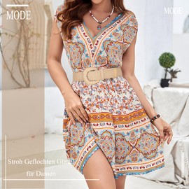 JasGood Straw Braided Elastic Belt for Women Wide Waist Belt Rattan Woven Boho Belt for Dresses, A-beige