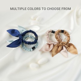 THXSILK Hair Silk Scrunchies with Bow for Women Pure Mulberry Silk Hair Cute Ring Ties Scrunchies for Girls Women's Thick Hair, White, 2.8"