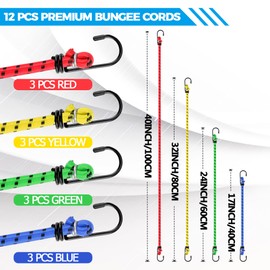 Veppak-Bungee Cords with Hooks, 12 Pack Elastic Bungee Straps Includes 40",32", 24", 16",Heavy Duty Outdoor Bungie Straps to Packing for Camping, Tent, Storing Packages, Fastening Items