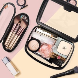 Molutsody Clear Makeup Bag with Makeup Brush Bag, Clear Cosmetic Bags Travel Toiletry Bag, Portable Waterproof Cosmetic Organizer Storage Bag for Women, TSA Approved Toiletry Bag (Black)