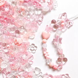 Harovo Mix Beads 120 Pcs Deco Beads Parts Hollow Beads Accessories Craft Strap Parts Handmade Materials for Beginners with Craft String (Pink)