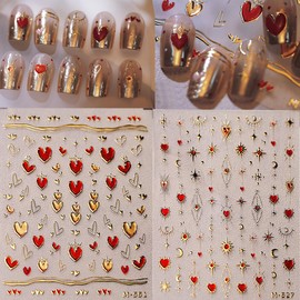 2 Sheets 5D Embossed Heart Nail Stickers for Nail Art Gold Red Nail Art Stickers Self Adhesive Valentine's Day Nail Decals Star Nail Design for Women Nail Supplies Nail Art Decorations Accessories