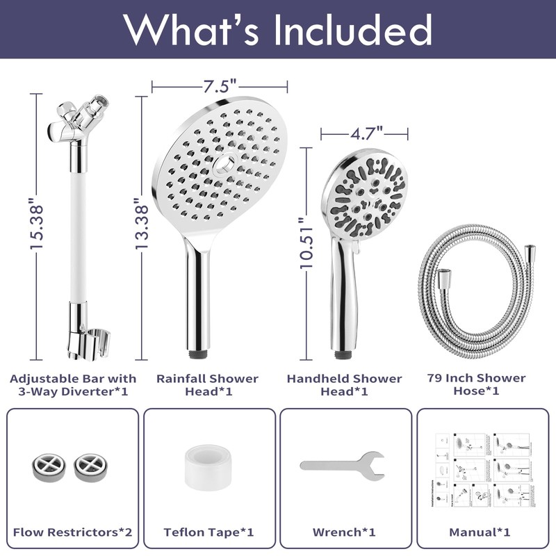 HOWUWEY Modern Dual Shower Head with Handheld Spray, 7.5" Rainfall