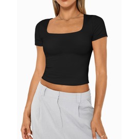 AUTOMET Womens Short Sleeve T Shirts Double Lined Square Neck Going Out Crop Tops Summer Cute Clothes Basics Tees Black S
