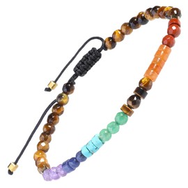 mookaitedecor Love Morse Code 7 Chakra Healing Crystal Stone Bracelet for Women Men, 4mm Flat Small Beads Brown Tiger’s Eye Semi Precious Stone Yoga Bracelet Jewellery Adjustable Reiki Energy Healing