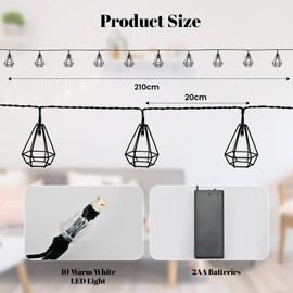 Hoolight Diamond String Lights 10 LED 6.8 ft Battery Operated, Geometric String Lights Warm White, Black Metal Lamps Decor for Indoor Wedding Party Bedroom Christmas