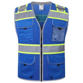 JKSafety Hi-Vis Safety Vest for Men&Women High Visibility Reflective Mesh Construction Work Vest Multi-Pockets PPE ANSI/ISEA compliant (189-Blue M)