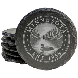 Minnesota Loon Lake Scene Slate Coasters, Rustic Gray Natural Stone Drink Coasters with Forest River Design, Vintage Style State Emblem Gift Set of 5, Handcrafted in USA for Home Bar