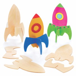 Baker Ross AV396 Wooden Rocket Stand up Kits (Pack of 6) For Kids to Decorate and Display
