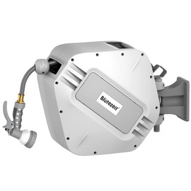 Blütezeit Retractable Garden Hose Reel, 1/2'' x 65ft+6ft Hose Reel Wall Mount with 9 Function Nozzle | Any Length Lock | 180° Swivel Bracket | Automatic Slow Rewind Self-Winding (Grey)