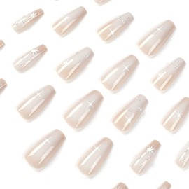 24Pcs French False Nails Coffin Medium Length Fake Nails Star Artificial Full Cover Press on Nails White Pearls Ballerina Acrylic Stick on Nails for Women Girls Nail Art DIY