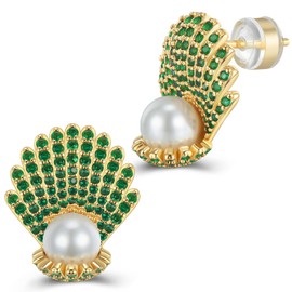 Pearl Stud Earrings For Women 925 Sterling Silver Post Gold Plated Green Cubic Zirconia CZ Simulated Shell White Pearl Jewelry Gifts weinuo
