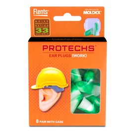 Flents Protechs Reusable Work Ear Plugs, Ideal for Construction Offering Protection From Loud Environments, 8 Pairs with Travel Size Case, Easy Use Comfort Fit, NRR 33, Green, Made In The USA