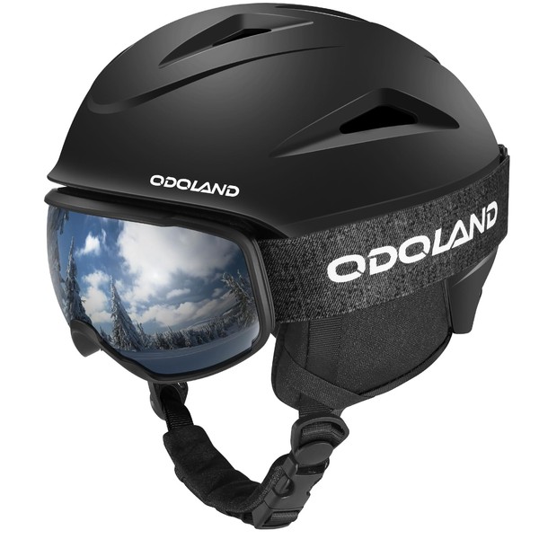 Odoland Ski Helmet, Snow Helmet with Glasses, Shockproof Windproof Safety Helmet for Snow Sports and Protective Goggles for Men, Women and Youth (Black, L)